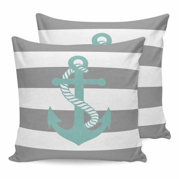 Pillow Covers 18x18 Set of 2, Nautical Anchor Square Throw Pillow Covers for Couch/Sofa/Living Room, Turquoise Grey White Horizontal Stripe Decorative Soft Pillowcases for Couch Throw Pillows