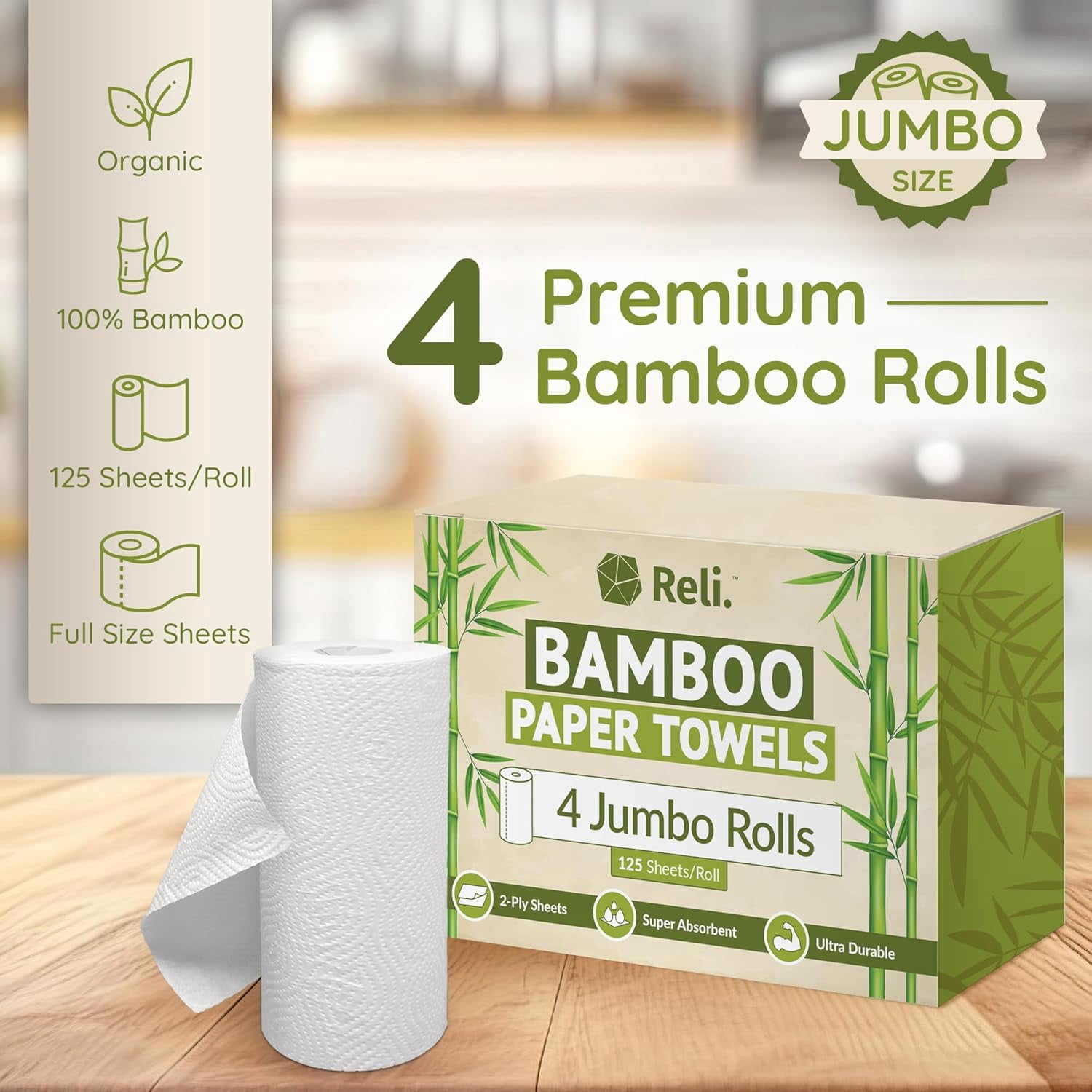 Bamboo Paper Towels (4 Pack Jumbo) | Rolls 2 Ply 125 Sheets/Roll Full Size Sheets Unbleached Organic for Kitchen Bathroom 100%