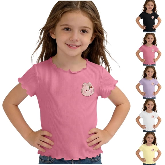 Afuyipoi Girls Summer T-shirt(for 1-10) Ice Silk Rabbit Ruffle Solid Color Crew Neck Short Sleeve Casual Tops For Girls Pink Size 3T