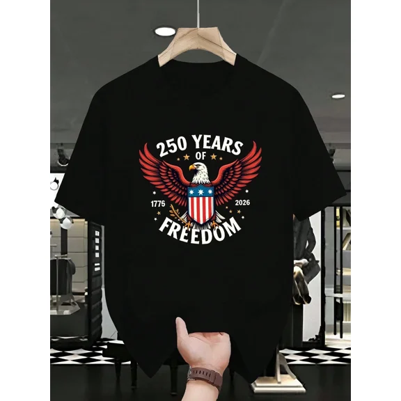 Men's 250 Years of Freedom Patriotic T-Shirt USA 1776-2026 Bald Eagle Graphic Tee