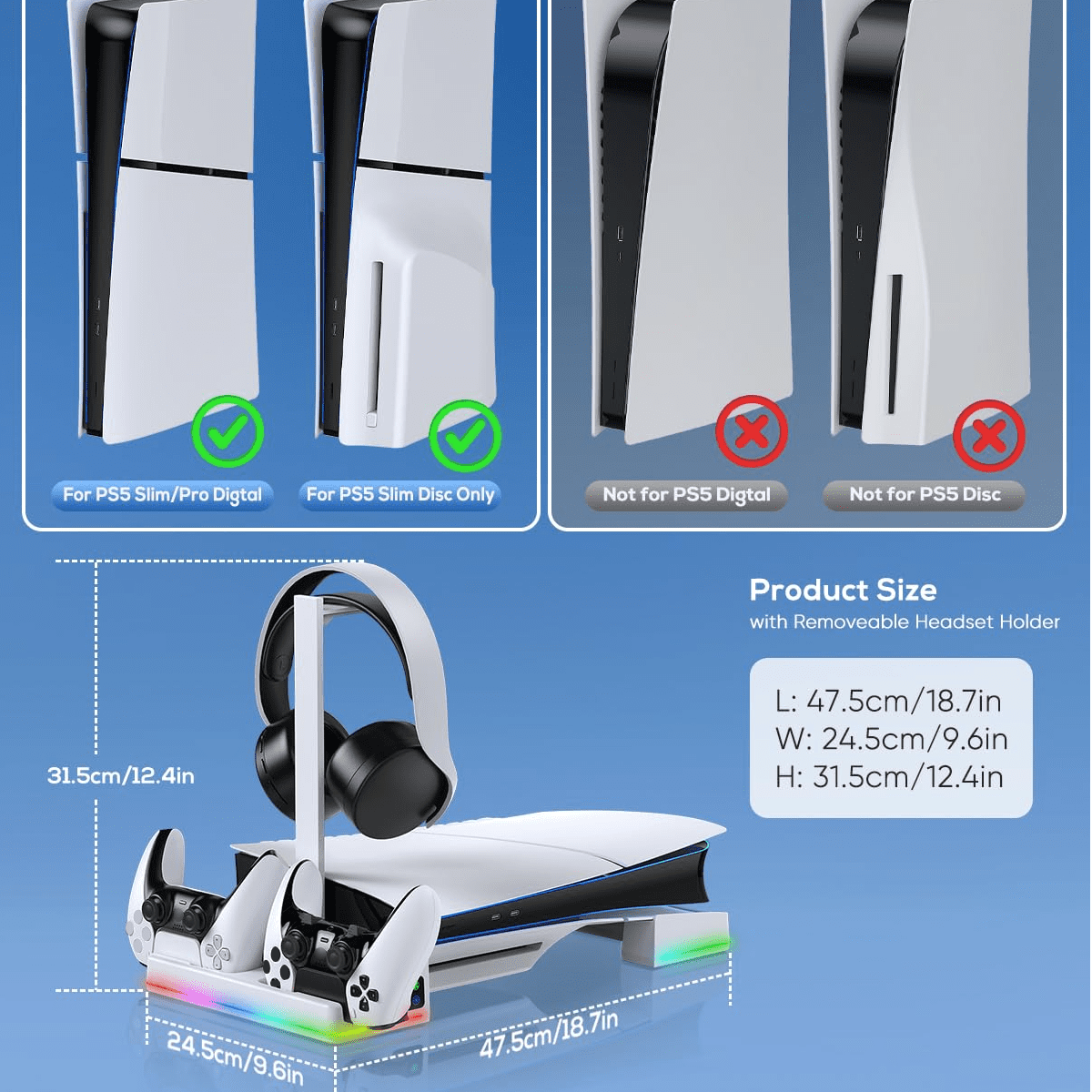 Horizontal Charging Stand & Cooling Fan Station for PS5 Slim Digital & Disc, Dual Charger for DualSense Controllers with 14 RGB Light Modes & Headset Holder Accessories-White