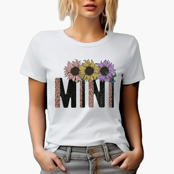 Mini Word with Retro Sunflower & Leopard Print Art, Mother-To-Daughter Merch Gift, White T-Shirt, Small