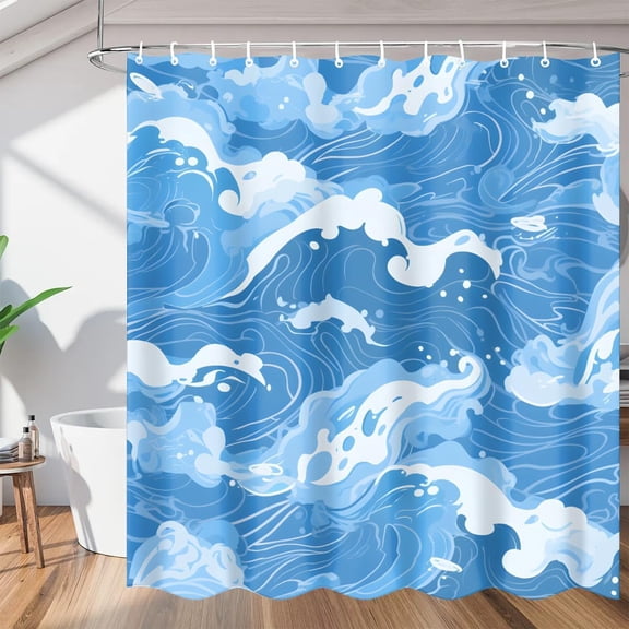 Blue Beach Waves Shower Curtains, Waterproof Fabric, Washable Polyester Bath Curtain for Bathroom Decor with Hooks 36"W x 72"H