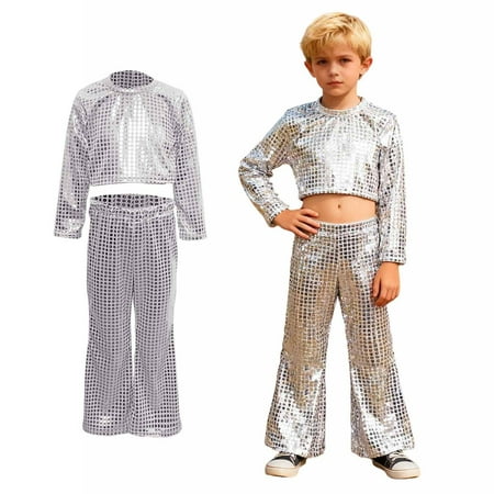 Girls Dance Sparkly Silver Dance Long Sleeve Crop Top and Flared Pants Outfit Set Girls Disco Dance Performance Outerwear