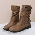 thumbnail image 6 of Leozcaa Women's Fall Fashion Biker Boots Mid Calf Boots for Women Low Heel Leather Round Toe Mid Boots Shoes, 6 of 8