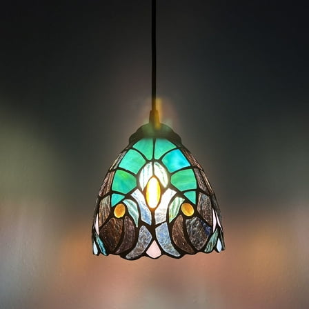 Tiffany Style Mini Hanging Lamp Green Brown Stained Glass LED Bulb Included 6”W*6”D*50”H