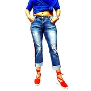Sweet Look Trendy Womens Casual Distressed Denim Side Stripe Mom Denim Jeans Pants