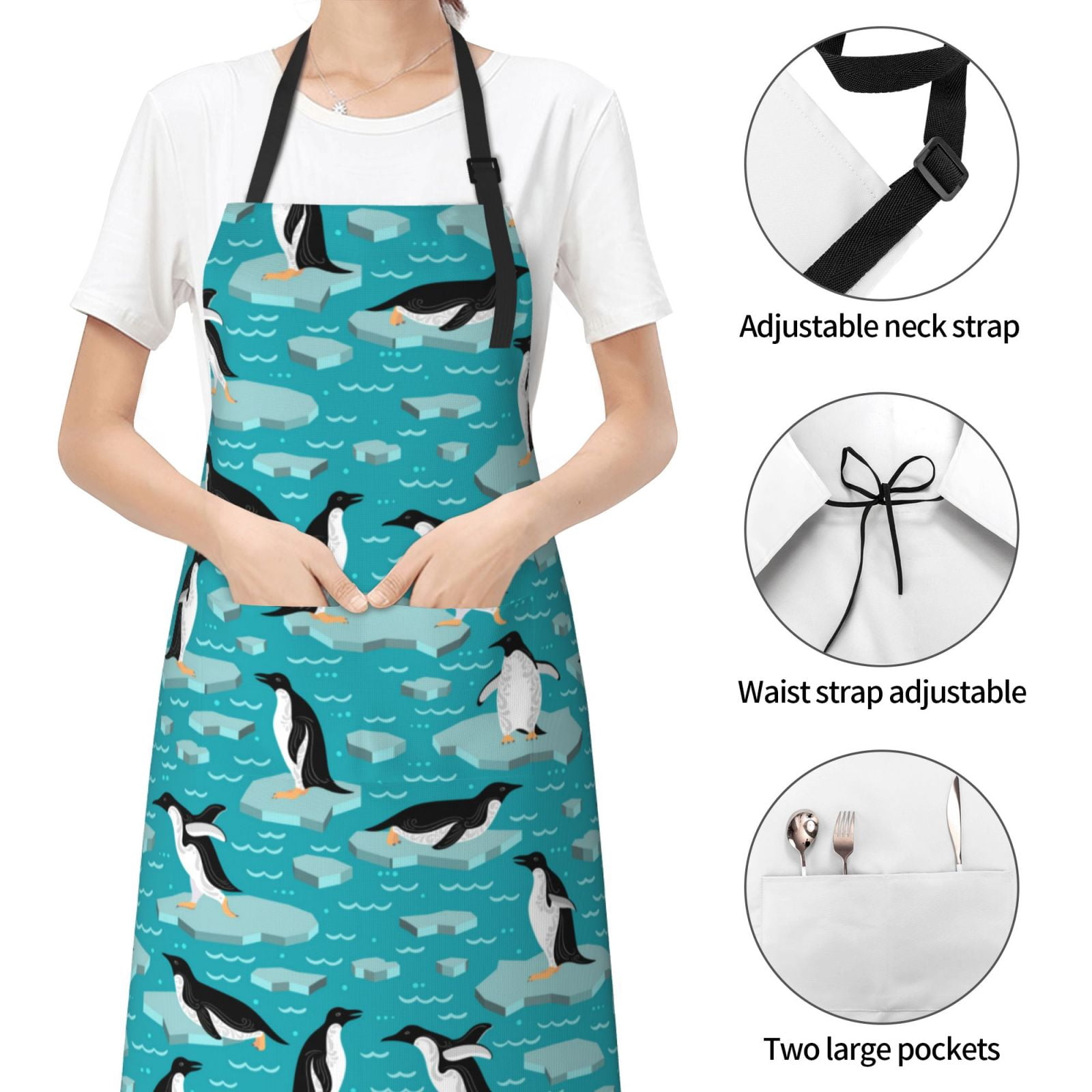 Kdxio Penguins On The Ice In The Sea Apron with Pockets Adjustable Kitchen Aprons for Men Women Waterproof Aprons for Cooking,Drawing,Crafting, Baking Household Cleaning