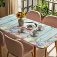 thumbnail image 3 of Easter Table Cloths for 5 Foot Rectangle Tables, Spring Rabbit Feet Eggs Flower Green Wooden Grain Patio Waterproof Elastic Fitted Tablecloths, Washable Rectangular Table Cover for Camping, 3 of 8