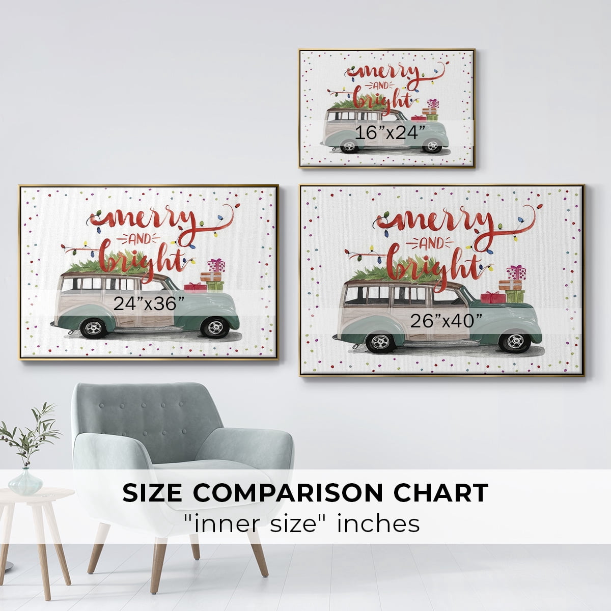 Christmas Cars Collection A - Framed Gallery Wrapped Holiday Canvas - 25 x 37 - Gold Frame