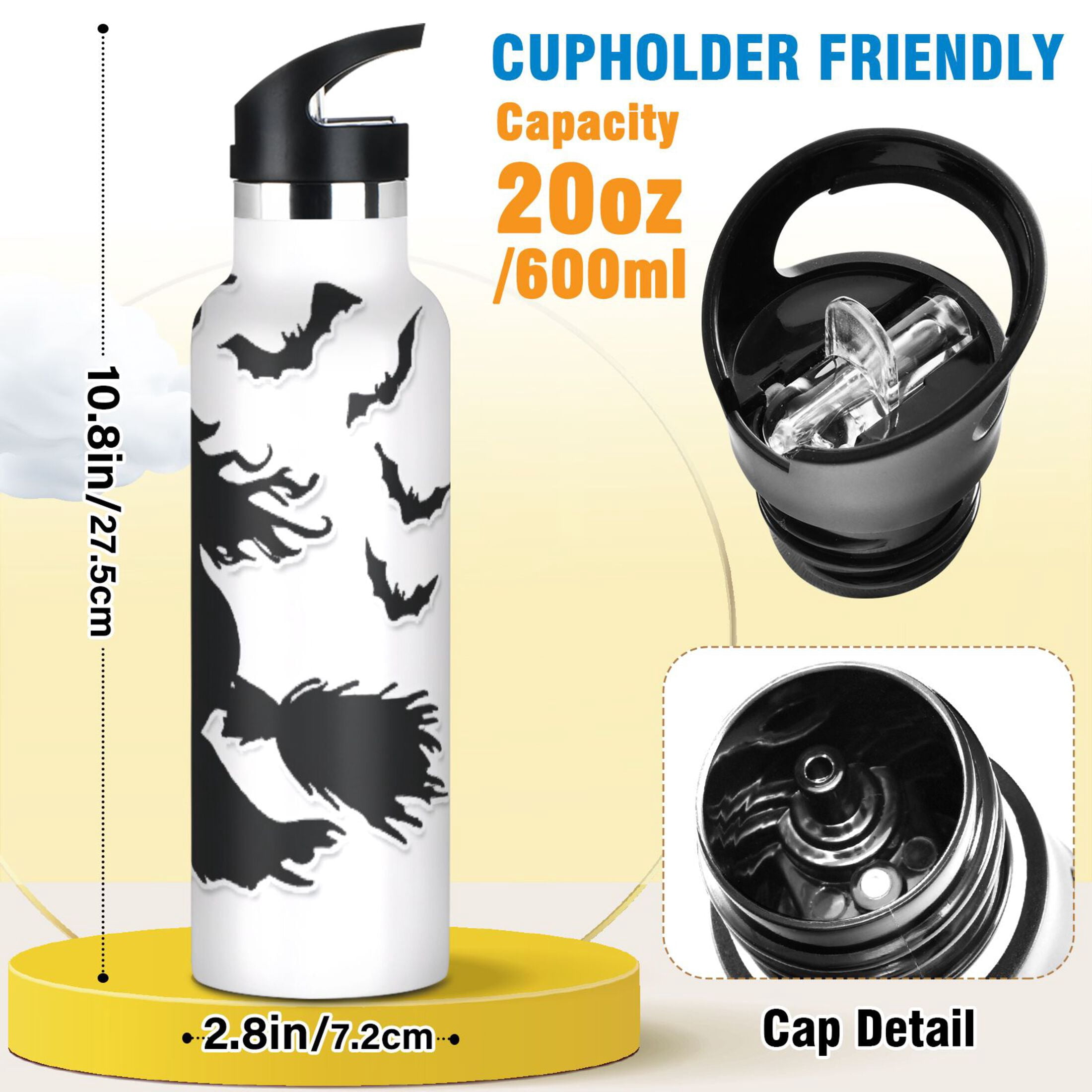 Kids Insulated Stainless Steel Sports Water Bottle 600ml (20oz) Witch Silhouette