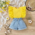 thumbnail image 2 of Odeerbi Kids Girls 2 Piece Outfits Summer Clothes Denim Shorts Set Fashion Casual Short Sleeve Tops Tank Camisoles Round Neck Collar Botton Solid Color Long Pants Sets Yellow, 2 of 9