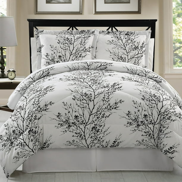 White Leaf Polyester 8 Piece Bed, Black And White King Size Bed In A Bag