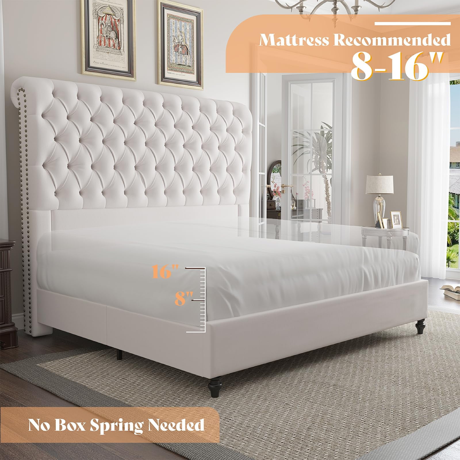 VanAcc Queen Size Bed Frame, 60" Tall Sleigh Headboard Bed with Velvet Upholstered Platform, Cream