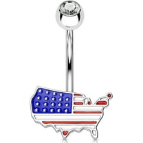 OUFER American Flag Belly Button Rings, USA Navel Rings, 14G 316L Surgical Steel Belly Rings, Navel Piercing Jewelry, Curved Barbell-Silver Flag