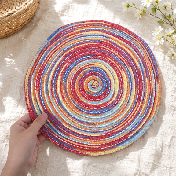 FOMIYES 4Pieces Round Cotton Placemats Set Multicolor Woven Material for Indoor and Outdoor Use