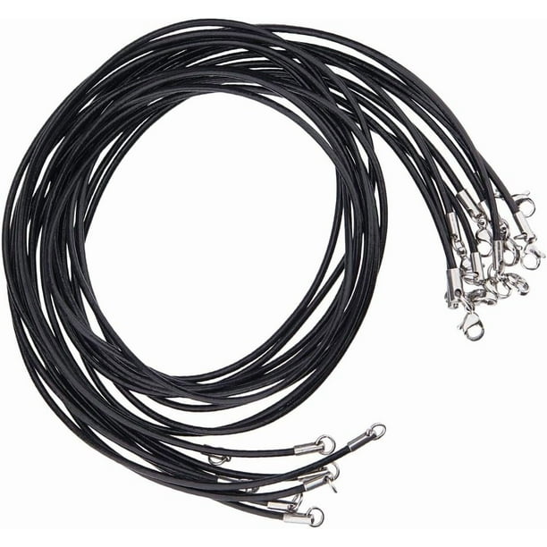 10 collares de cordón de cuero genuino negro de 20 pulgadas con cierre de acero inoxidable y cordón encerado.
