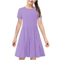 thumbnail image 6 of LNWUY Toddler Kids Girls Cute Solid Color Simple Short Sleeve Stretchy Dress A Line Dress Casual Skirt Pleated Dresses Purple 5 Years, 6 of 9