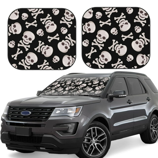 Lukts black white Skull bone Print 2 Piece Car Sun Shade Windshield,Foldable Car Shade Front Windshield with Keeps Your Vehicle Cool-Medium