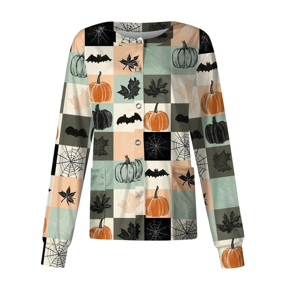 Domzest Womens Halloween Scrub Top Long Sleeve Pumpkin Ghost Bat Graphic Scrub Top Button Front Cute Nurse Working Uniform Green 5XL