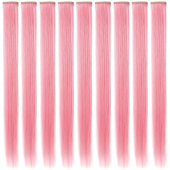 9 PCS Smoke Pink Hairpieces Colored Hair Extensions Clip In/On For America Girls And Women Wig Pieces Princess Party Highlight (Light Pink)