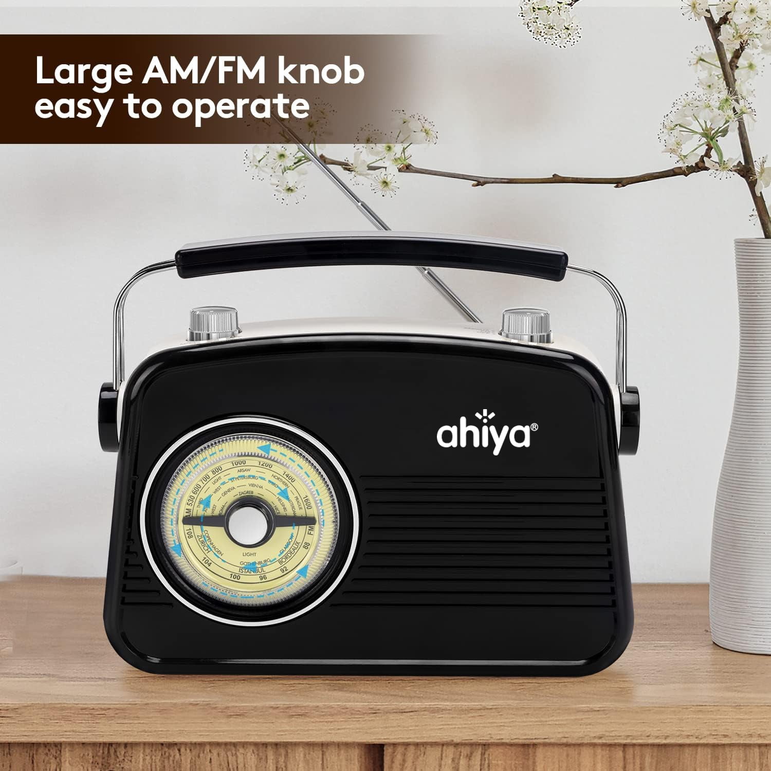 ahiya Radio AM FM Portable Radio Retro Classic Table Top Analog Radios Loud  Speaker Large Rotary Dial Lightweight Large Handle Easy Use Stable