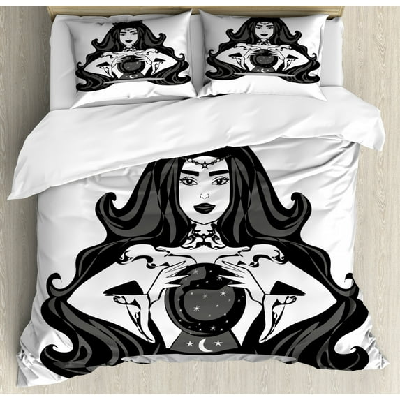 Psychic Duvet Cover Set Queen Size, Cartoon Fortune Teller Woman Reading the Future from a Crystal Ball, Decorative 3 Piece Bedding Set with 2 Pillow Shams, Charcoal Grey White Grey, by Ambesonne