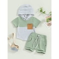 thumbnail image 2 of Suealasg Kids Toddler Baby Boys Clothes 2Pcs Summer Outfit Set Striped Patchwork Short Sleeve Hooded T-Shirt and Elastic Shorts 0-3 Years, 2 of 9