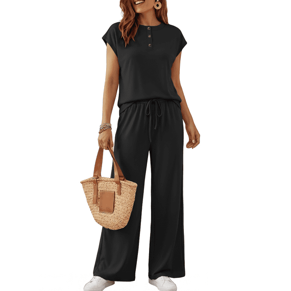 SUNBS Lounge Sets for Women 2 Piece Outfits Sweat Suit Casual Cap Henley Sleeve Summer Airport Travel Matching Vacation