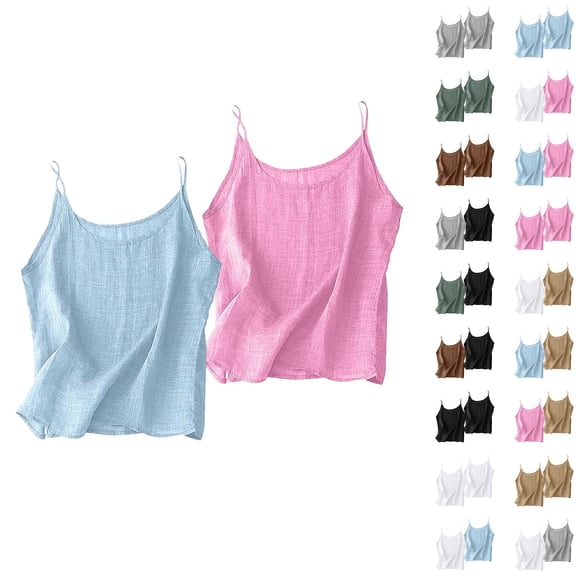 Helii Women's 2 Pack Cotton Linen Spaghetti Strap Tank Tops Loose Fit Sleeveless Camisole Summer Casual Solid Color Lightweight Flowy Tops for Layering Beach Vacation Outfits Breathable