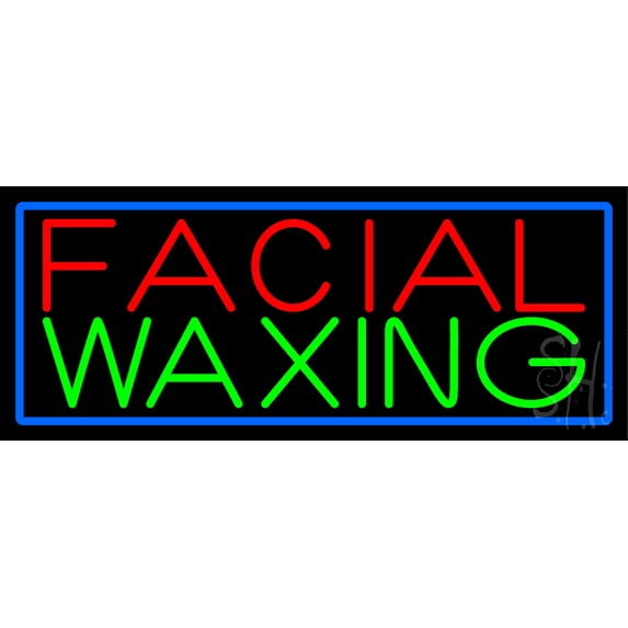 Blue Facial And Waxing Blue Border LED Neon Sign 10 x 24 - inches, Black Square Cut Acrylic Backing, with Dimmer - Bright and Premium built indoor LED Neon Sign for Spa interior decor and storefront.