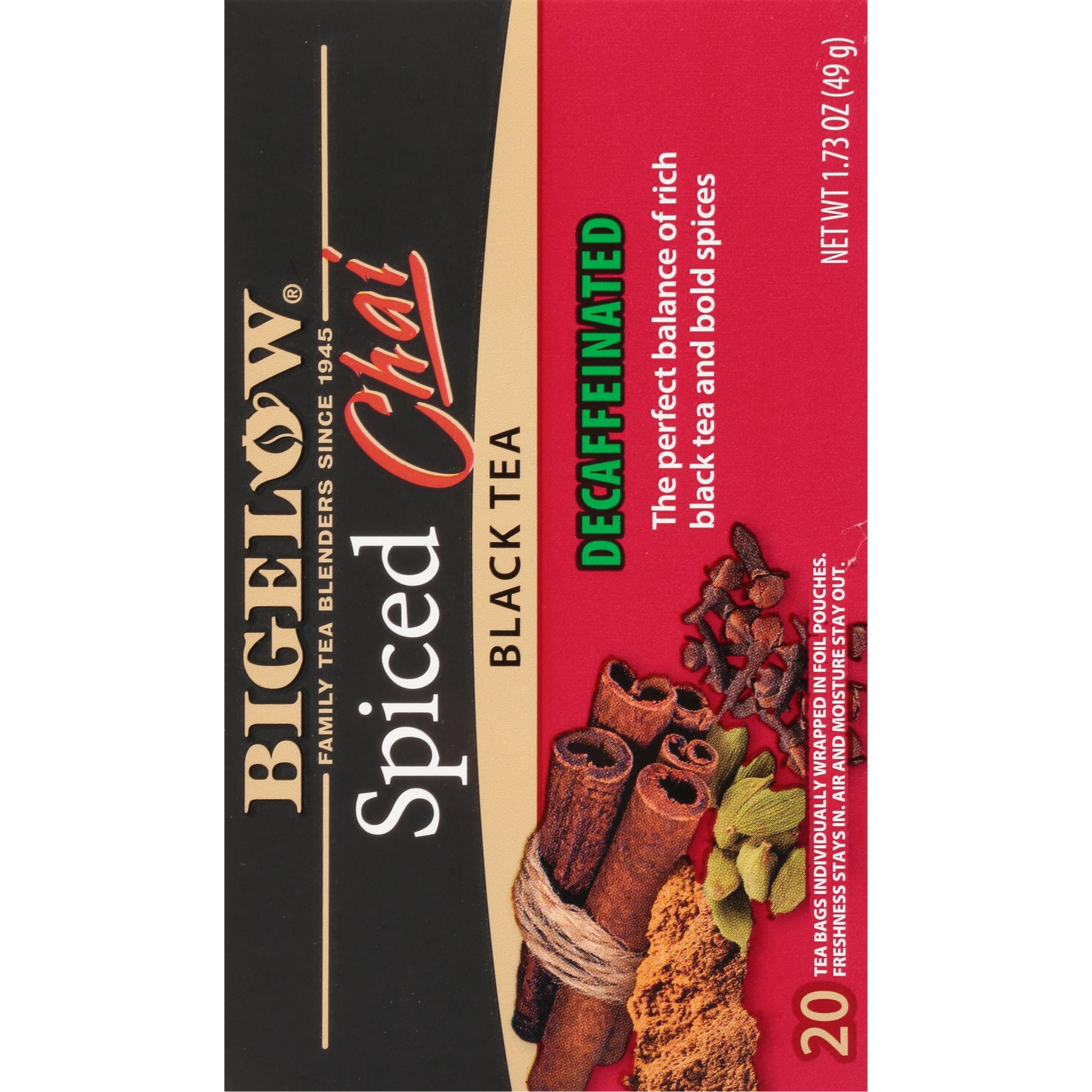 Bigelow Decaffeinated Black Tea, Spiced Chai, Tea Bags, 20 Count
