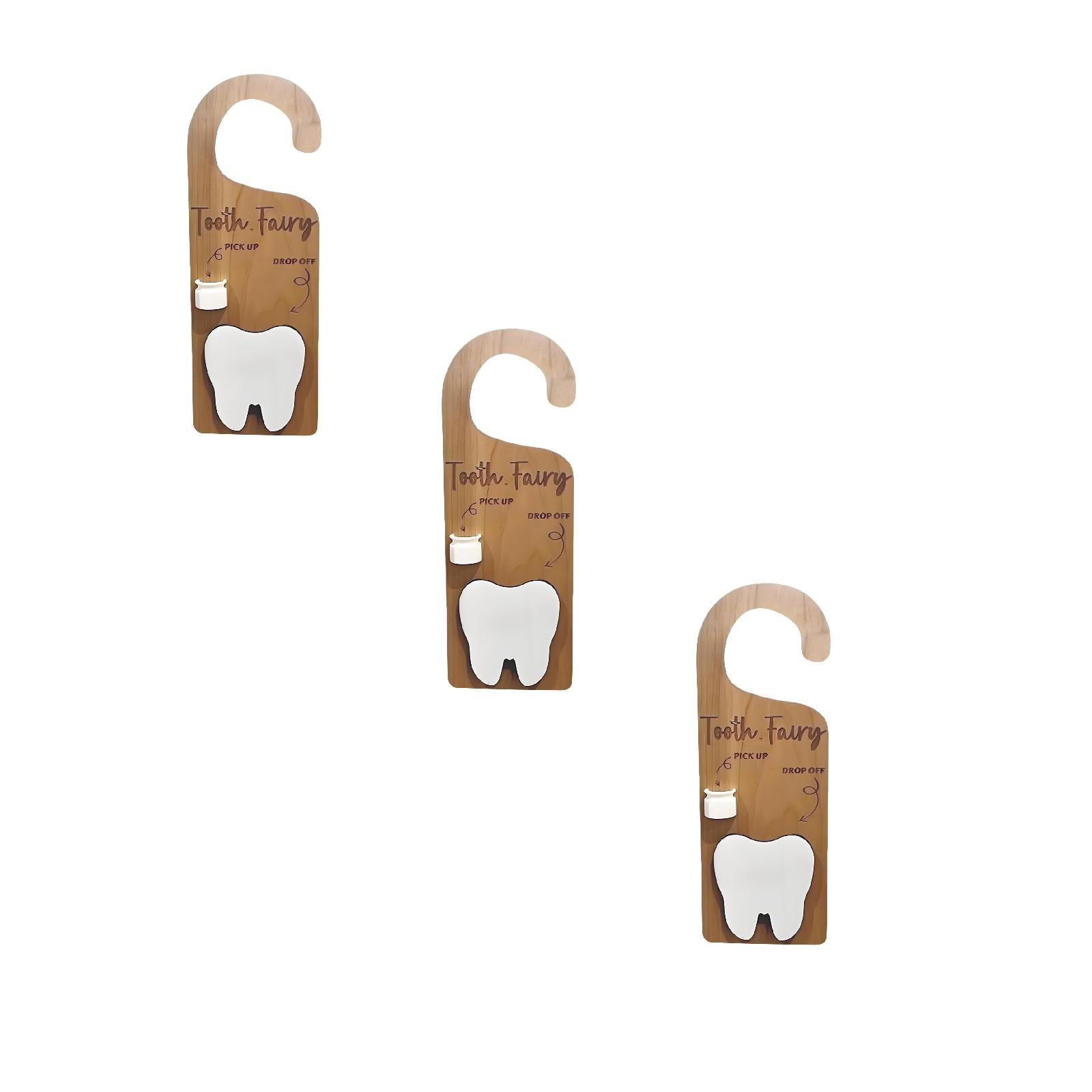 zhonghuaying 3 Pack Wooden Tooth Themed Door Hanger with Pick-Up Container, Keepsake Holder, Bedroom Decorative Hanging Sign for Tooth Collecting