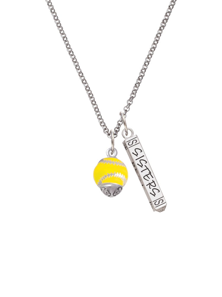 Delight Jewelry Silvertone Yellow Softball with Stitching Spinner Silvertone Sisters Best Friends Forever Bar Charm Necklace, 23"