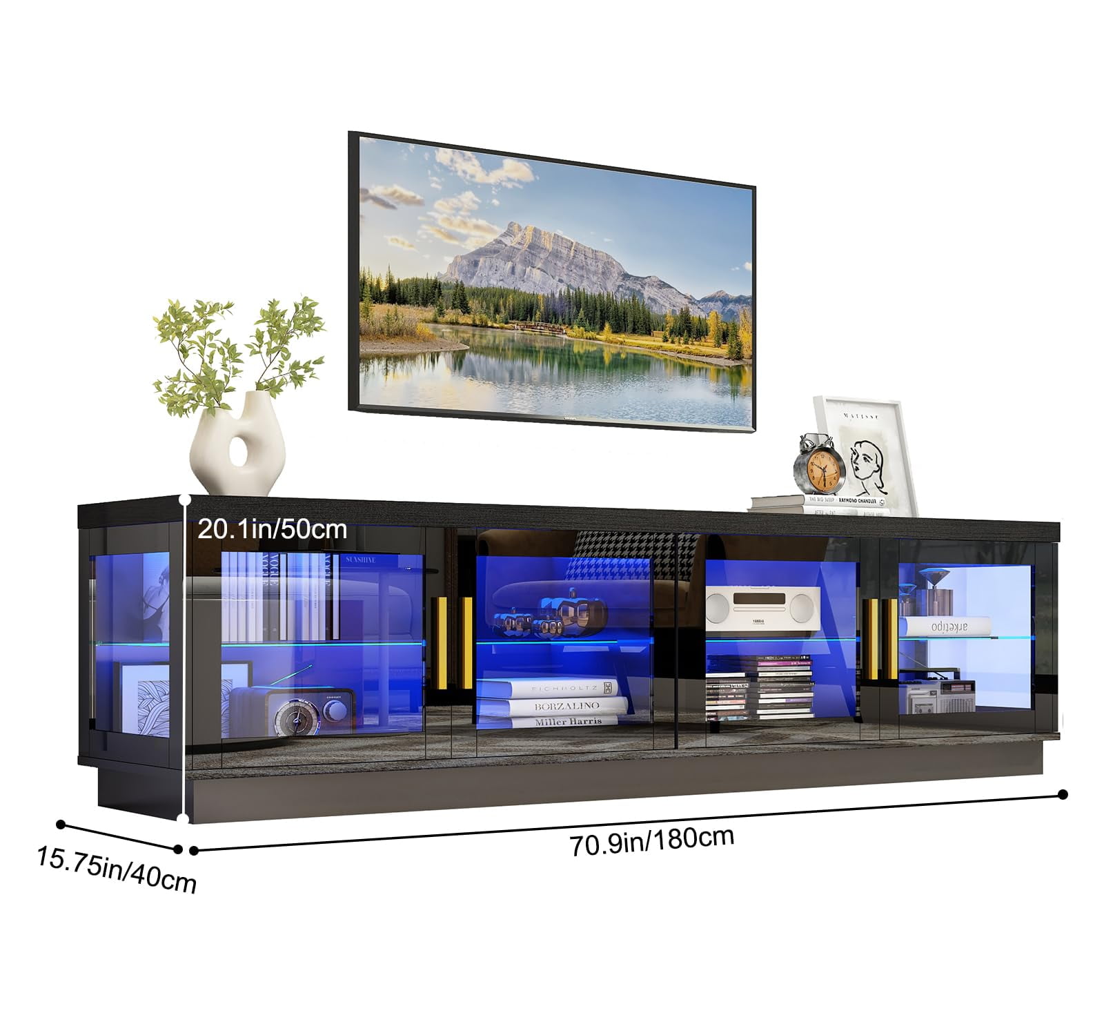 ChVans 71" LED TV Stand for 85/80/75inch TV, High Glossy Entertainment Center with Storage Cabinet & Glass Door, Modern TV Console Media Cabinet for Living Room, Bedroom (Black)
