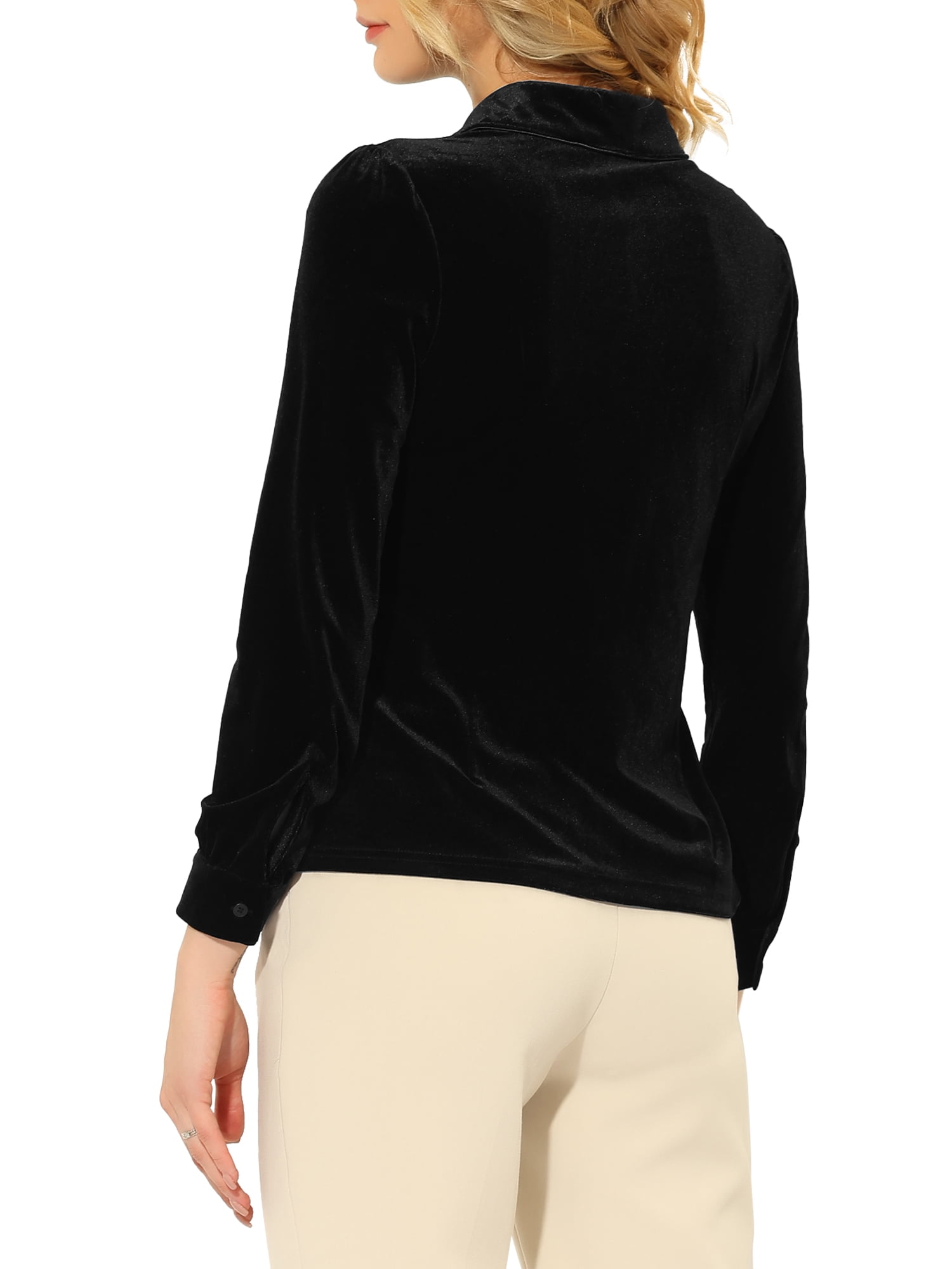 Unique Bargains Women's Point Collar Long Sleeve Button up Velvet Shirt