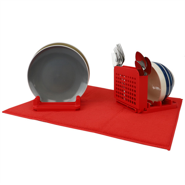 3 Section Dish Drying Rack with Mat, Red