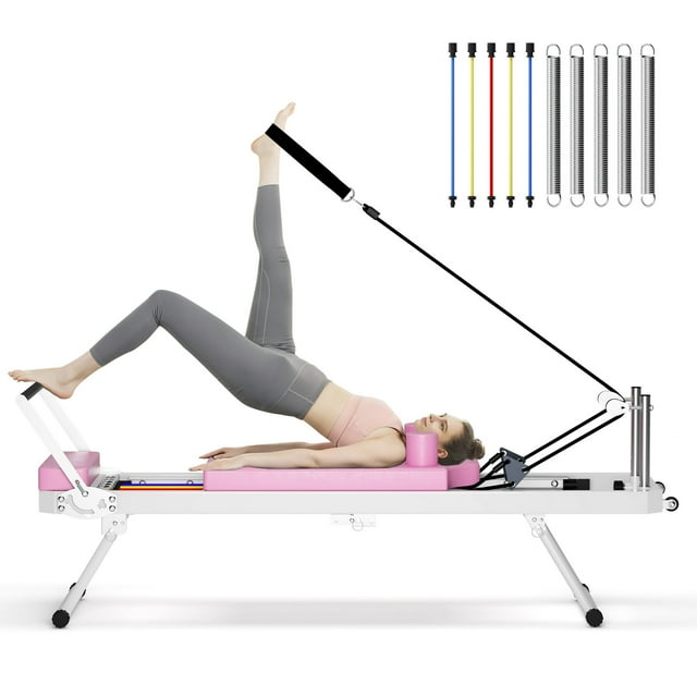 Soges Foldable Pilates Reformer Machine for Home Use, Portable Pilates Reformer Machine Equipment with Springs & colorful Elastic Cords,Pilates Equipment for All Level Users, Up to 330lbs, Pink