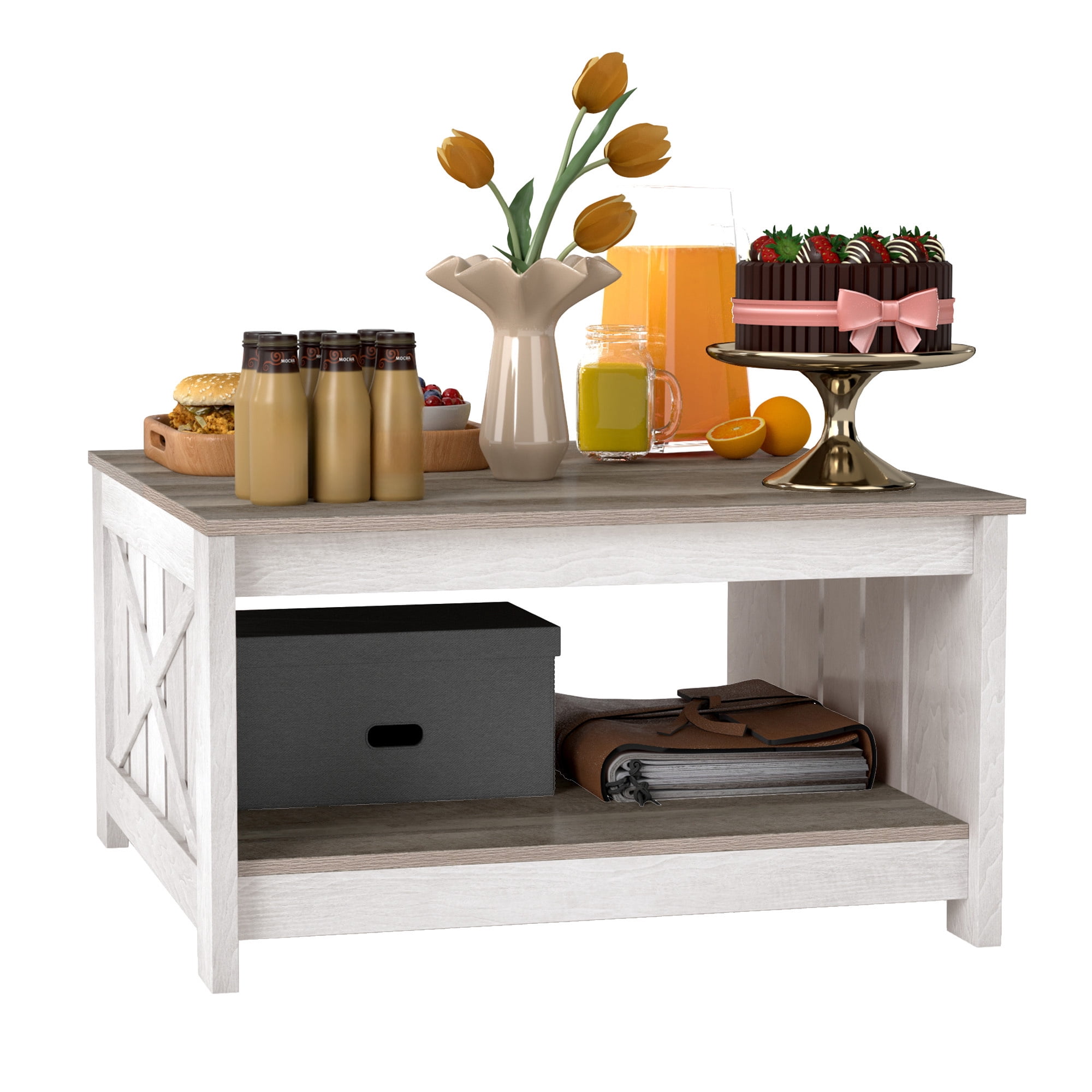 Uforic Rustic Farmhouse Coffee Table with Half-Open Storage, Square Rustic Wood Cocktail Table for Living Room, Grey Wash