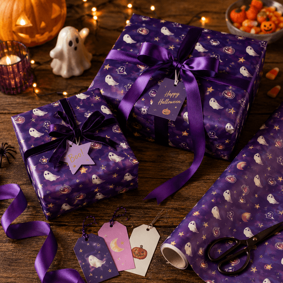 Halloween Gift Wrapping Paper, Cute Ghost Pattern Roll Paper for Holiday Presents, Birthday Party Packaging DIY Craft Supplies