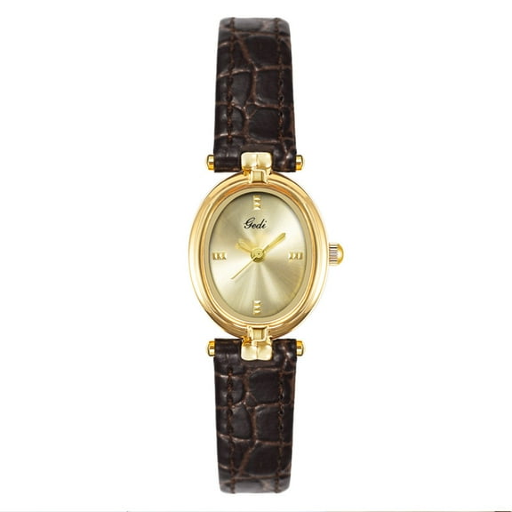 Ladies Small Oval Face Quartz Watch Vintage Gold Leather Wristwatch for Women Xmas Gift