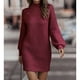 thumbnail image 2 of Vestido suéter ajustado Manga larga linterna Cuello alto Color puro Mini vestido suéter acanalado para mujer Rojo vino S, 2 of 6