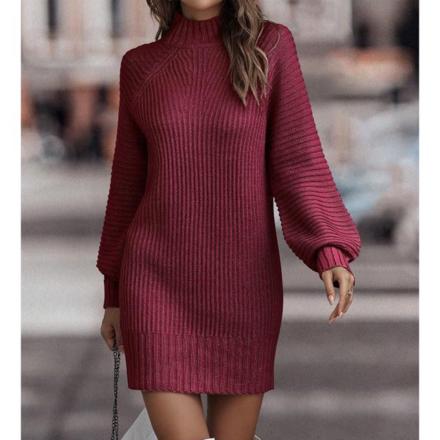 Ribbed Long Sleeve Bodycon Lantern Sleeves Bodycon Sweater Dress Soft Stand Collar Fashion Casual for Dating for Female ANGGREK Otros