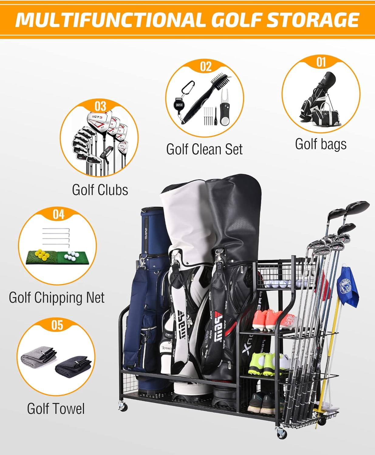 Golf Bag Storage Rack with Wheels, Large Golf Organizer for 3 Bags, Golf Club & Accessories Holder for Garage Basement