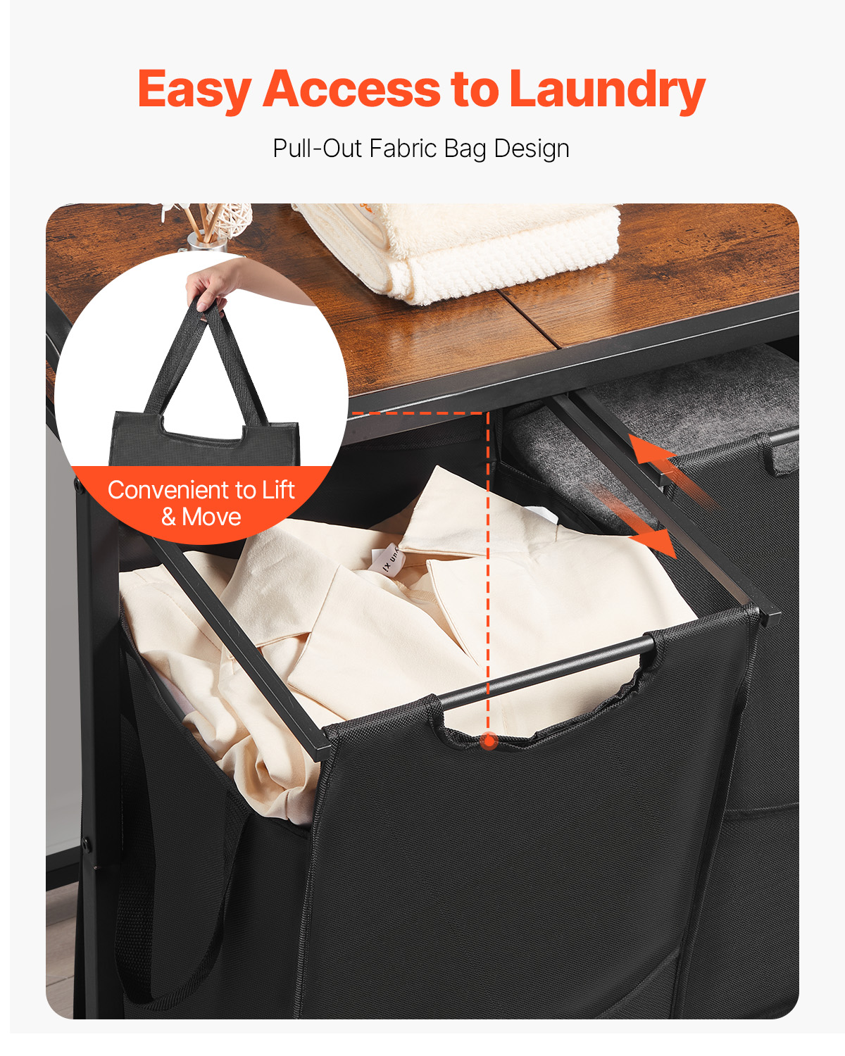 VEVOR 3 Section Laundry Sorter, Large Laundry Hamper with Metal Frame and Wooden Tabletop, Freestanding Storage Organizer Baskets with Pull-Out 600D Oxford Cloth Bags for Dirty Clothes, Bathroom