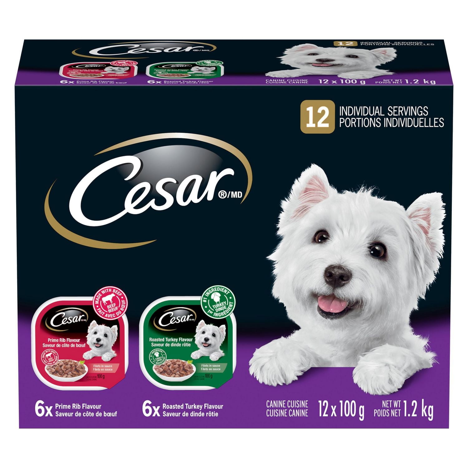 Cesar Adult Filets In Sauce 6 Roasted Turkey & 6 Prime Rib Flavour Soft Wet Dog food, 12x100g