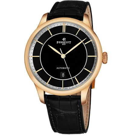 - Perrelet Men's First Class 42.5mm Black Alligator Leather Band 18K Rose Gold Case Automatic Watch A3044-2