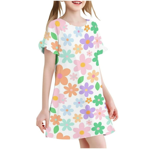 Cethrio Girls Summer Nightgowns, Casual Flower Print Comfy Loose Girls' Sleepwear Multicolor Size 6-7T