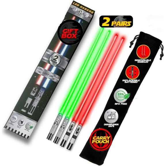 Lightsaber Chopsticks Light Up - LED Glowing Light Saber Chop Sticks - Reusable Sushi Lightup Sabers Chopstick Set Of 2 Pairs - Green & Red