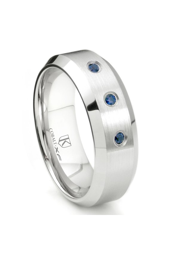 Cobalt Xf Chrome 8MM 3 Sapphire High Polish Beveled Comfort Fit Wedding Band Ring Sz 9.0